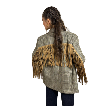 SASKIA: Giacca foderata in tartan con frange scamosciate