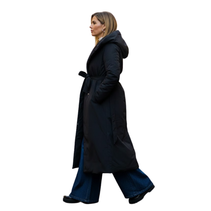 MIRELLA: piumino lungo con cappuccio e cintura | Vicine a ME