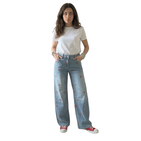 MELANIA: jeans a palazzo con ciliegie ricamate | Vicine a ME