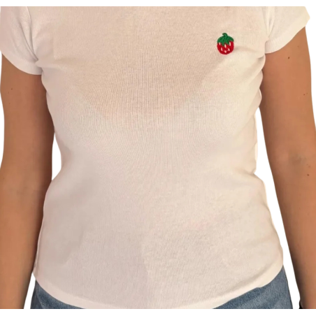 FRAGOLA: t-shirt donna cotone con ricamo fragolina | Vicine a ME