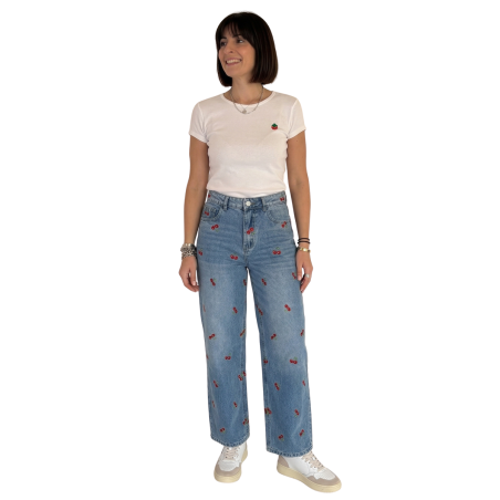 FRAGOLA: t-shirt donna cotone con ricamo fragolina | Vicine a ME