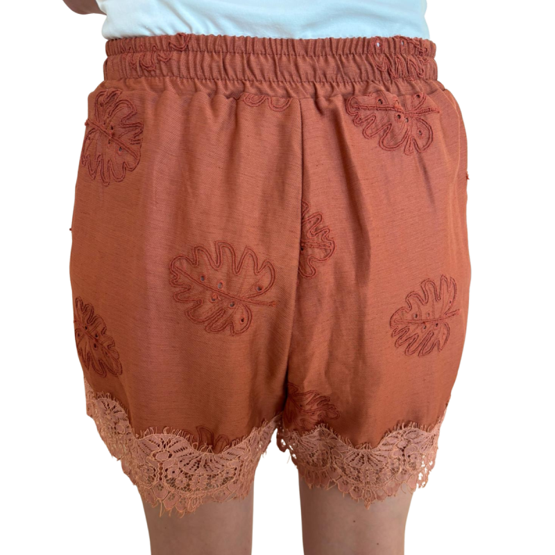 YLENIA: Shorts in misto lino con ricami e pizzo