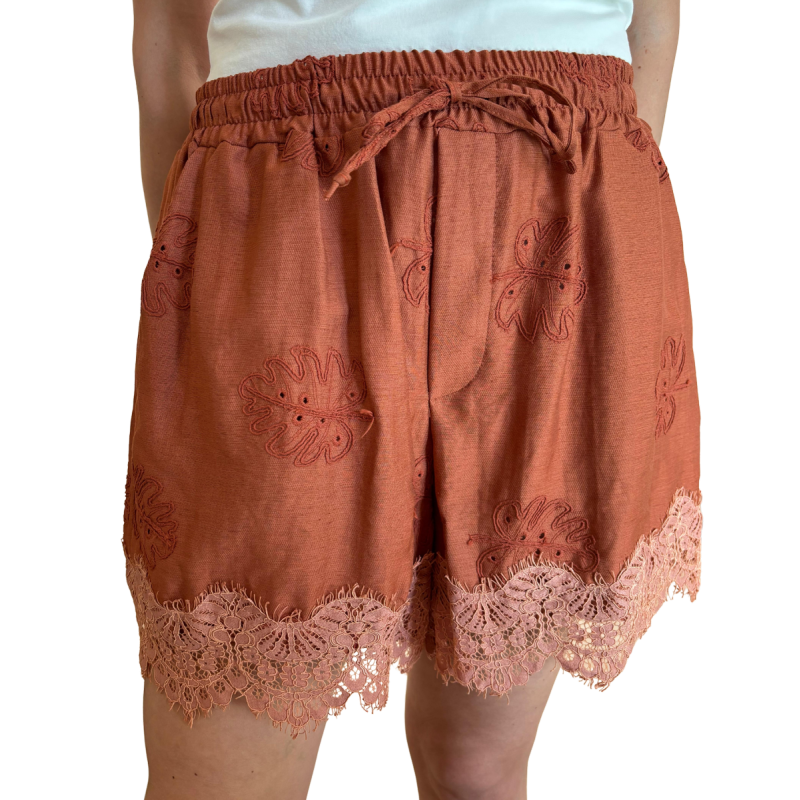 YLENIA: Shorts in misto lino con ricami e pizzo