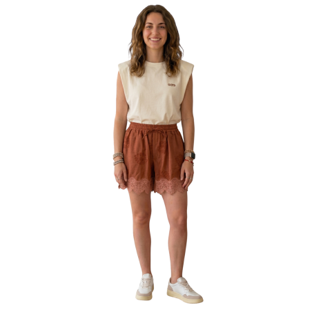 YLENIA: Shorts in misto lino con ricami e pizzo